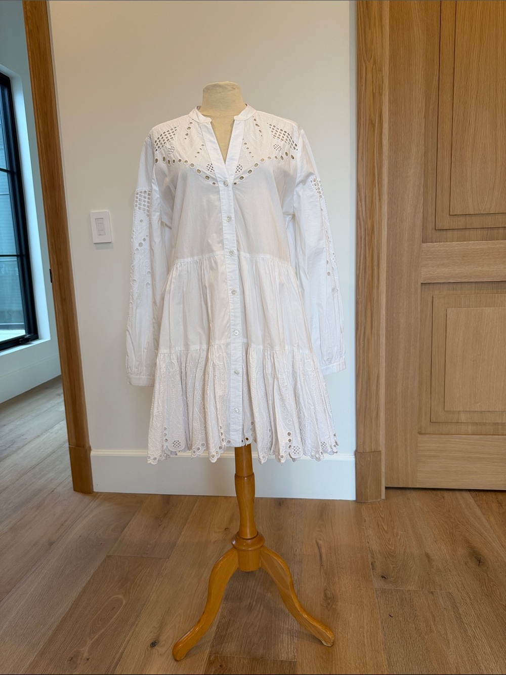Veronica Beard White Eyelet Tiered Long-Sleeve Button Dress